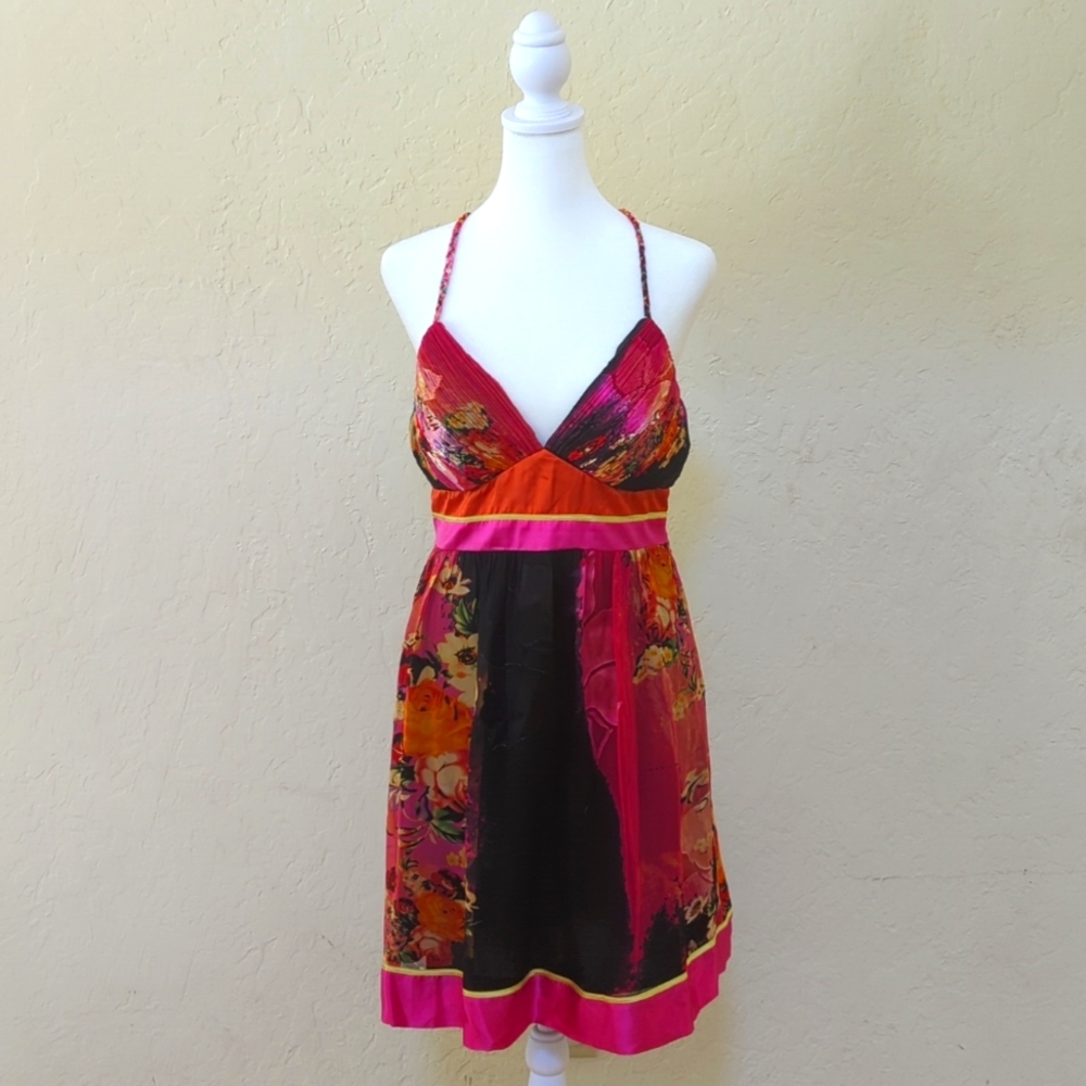 Sue Wong Silk Black Fuchsia Floral Mini Cocktail Dress Size 6